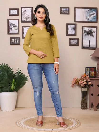 Baby pink cotton women's tunic with round V-neck, hip length, and 3/4 sleeves, by Ekom.