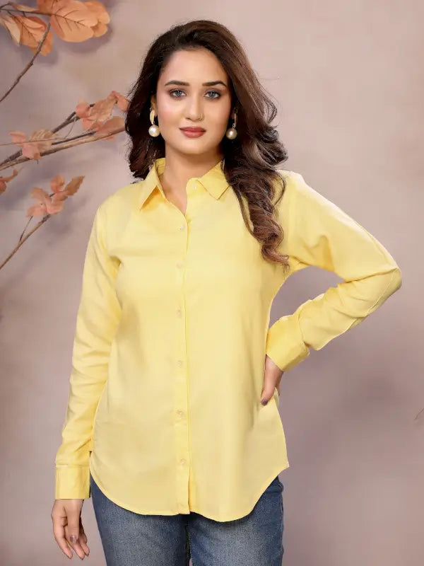 Ekom women's golden viscose collared neck hip-length half-sleeve shirt, stylish and comfortable for casual wear.