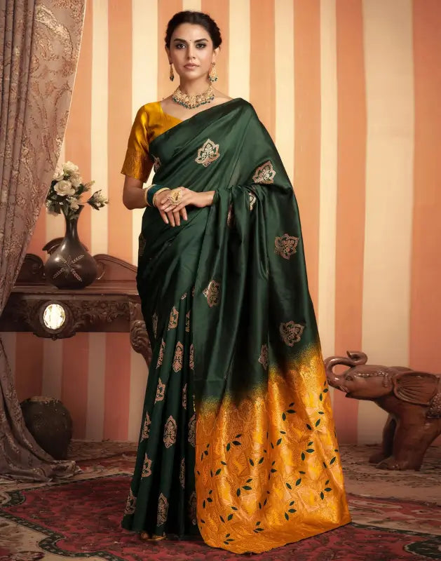 Ekom women's silk saree from the Royal Green Golden Elegance Collection featuring rich green and gold traditional design.