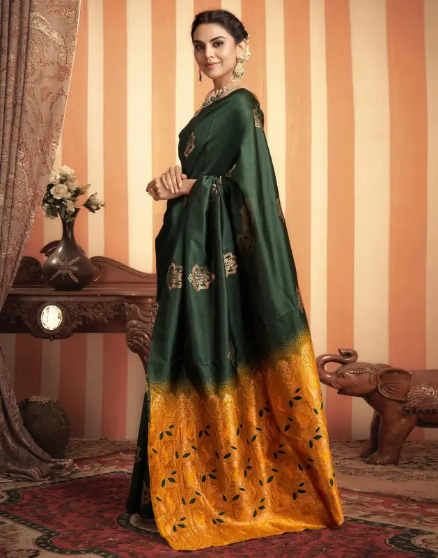 Elegant green and gold silk saree for women from Ekom's Royal Green Golden Elegance Collection, showcasing intricate traditional design.