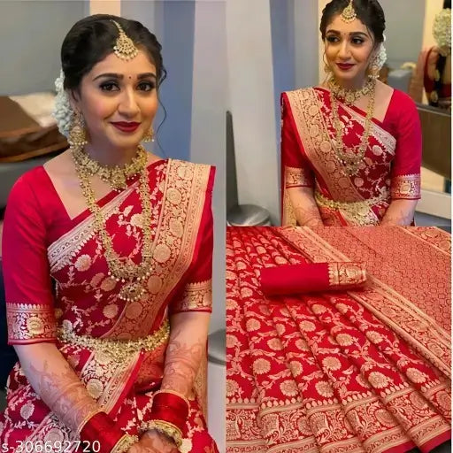 Red silk saree from Ekom's Bridal Royal Banarasi Collection, featuring intricate gold zari embroidery for women.