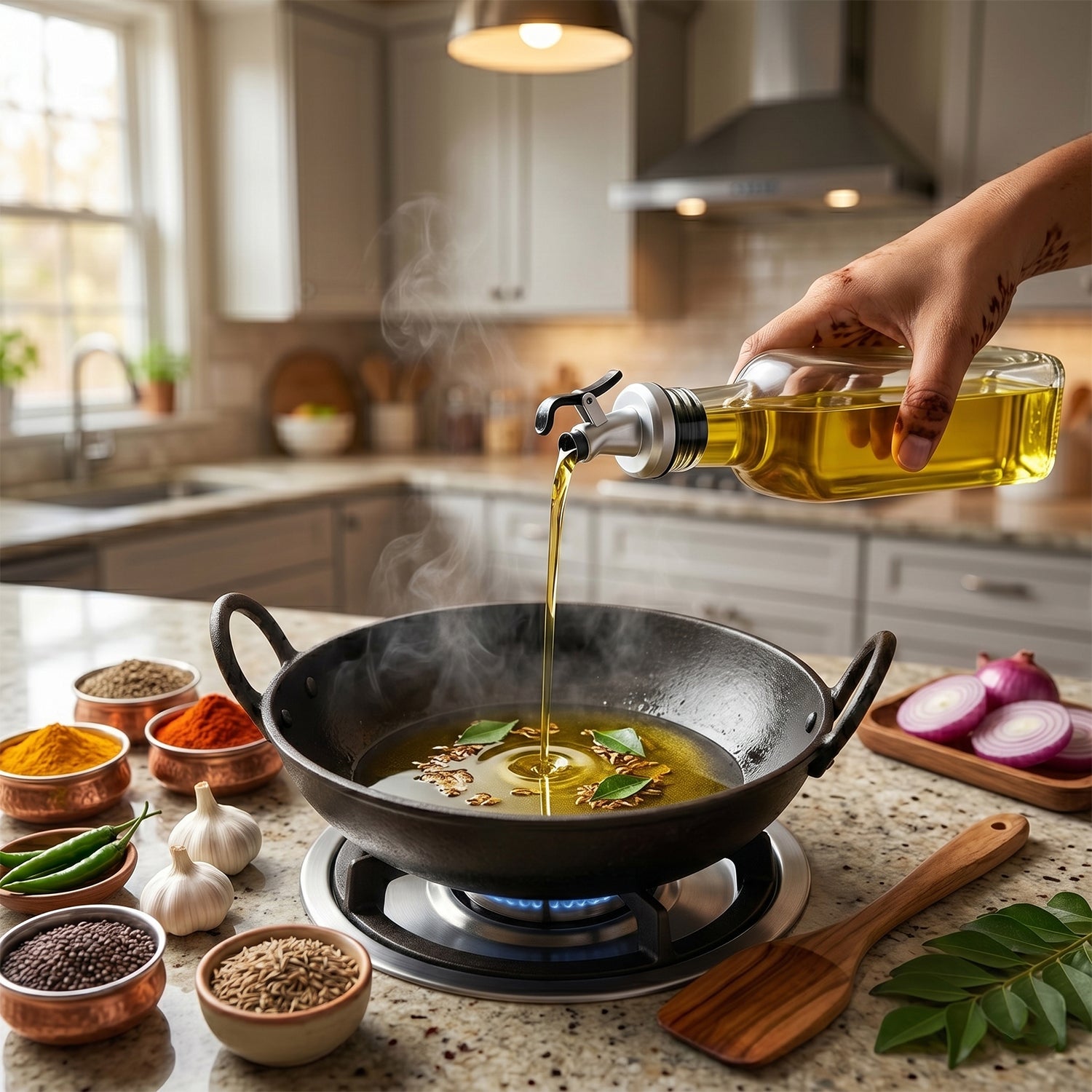 Two transparent glass oil dispenser bottles with leak-proof caps, designed for olive oil and vinegar, by Wukusy.