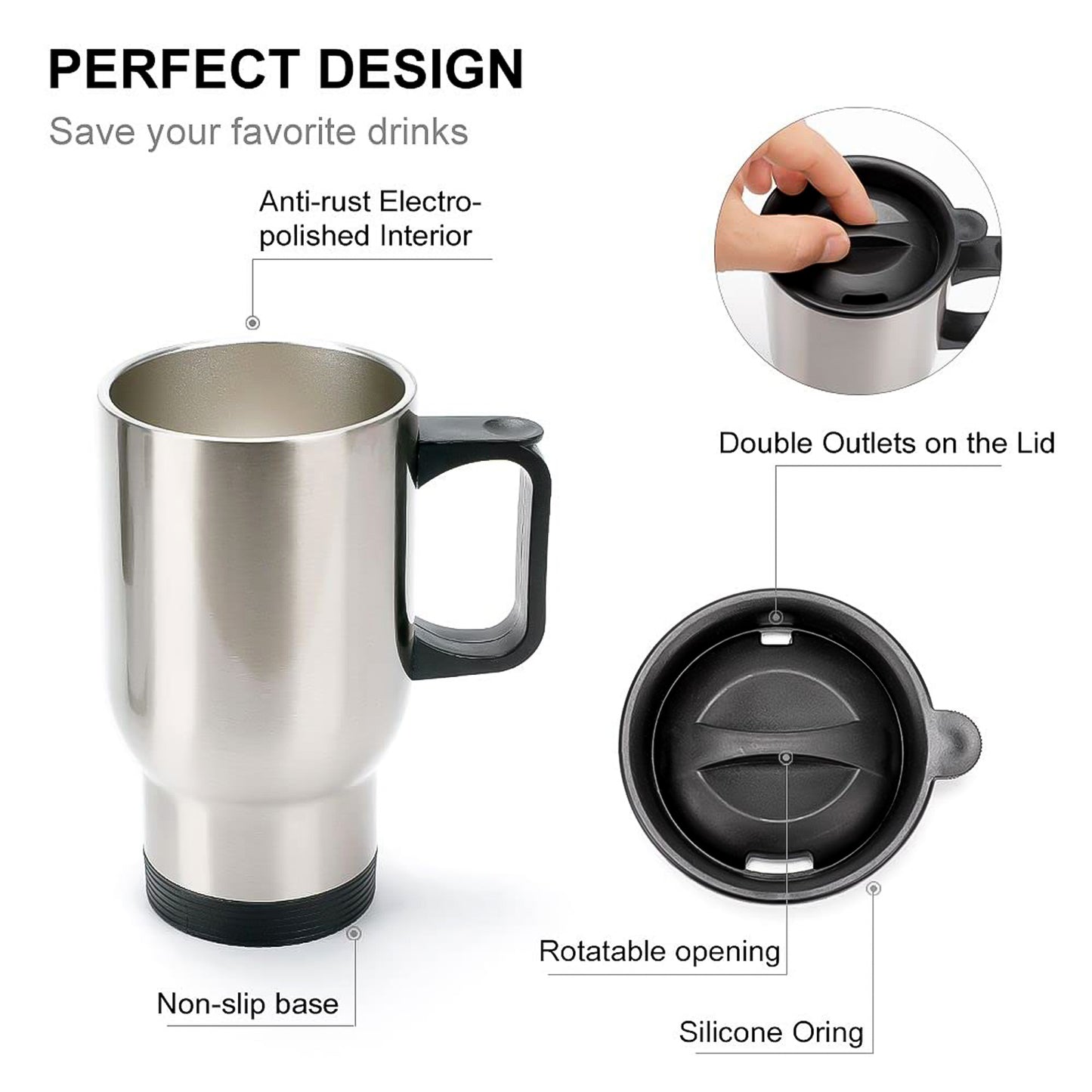 Wukusy stainless steel vacuum insulated coffee cup with lid and handle, showcasing sleek design and double-wall construction