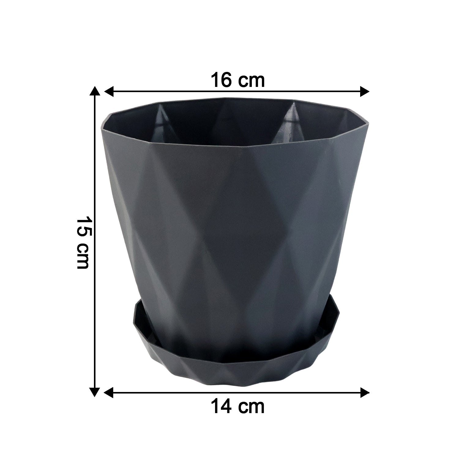 Set of five Wukusy diamond design plastic flower pots with matching drain trays for garden planting.