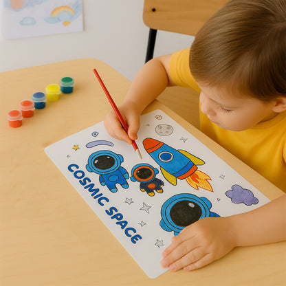 Wukusy Cosmic Space Theme Kids Painting and Coloring Kit for office use, featuring space-themed art supplies and illustrations.