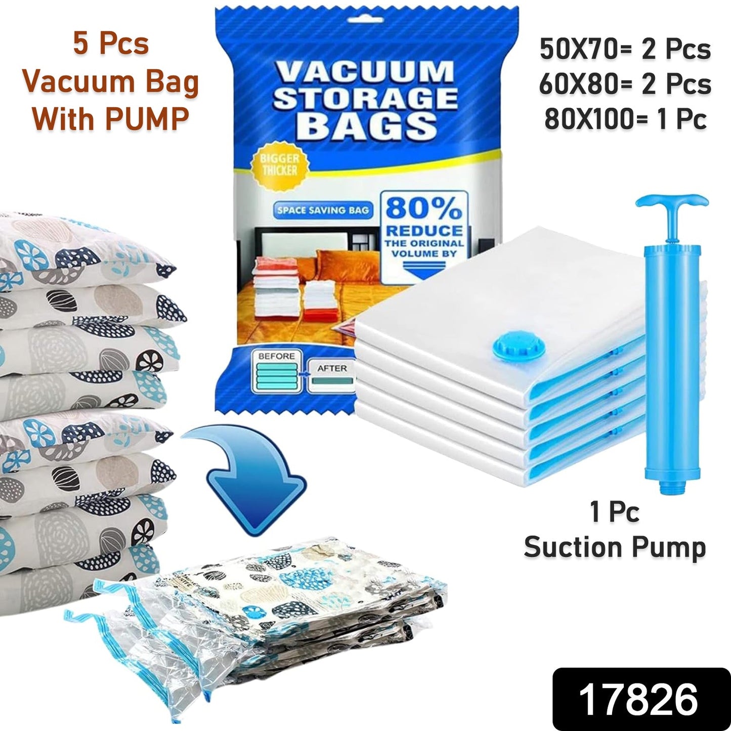 Wukusy vacuum storage bags with suction pump and shirt clips, large capacity compression bags for travel clothes and bedding in a 5-piece set.
