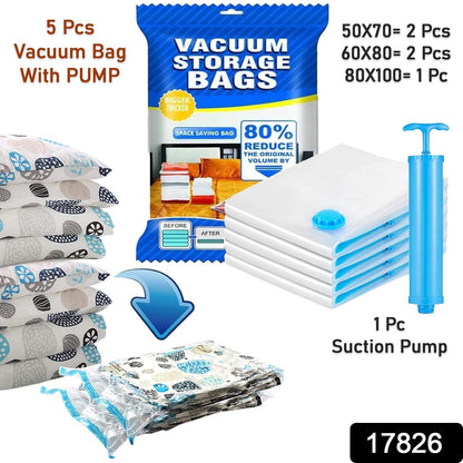 Wukusy vacuum storage bags with suction pump and shirt clips, large capacity compression bags for travel clothes and bedding in a 5-piece set.