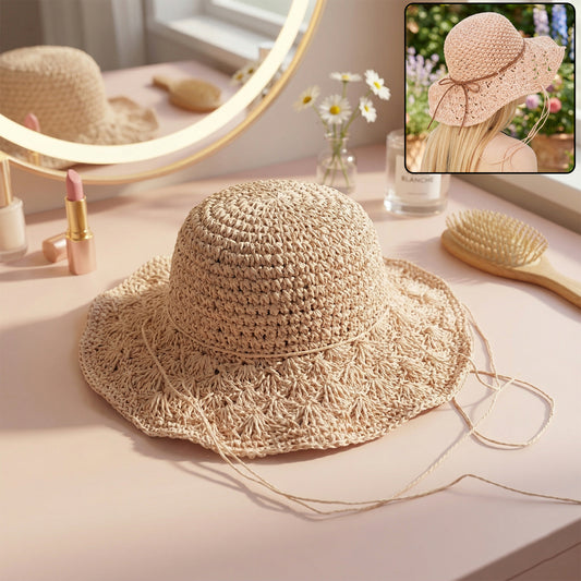 Wukusy stylish handwoven wide brim summer sun hat cap, natural straw material with a broad brim for sun protection