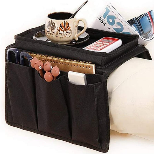 Black Wukusy sofa arm rest hanging storage bag with multiple compartments for magazines, iPads, and books.