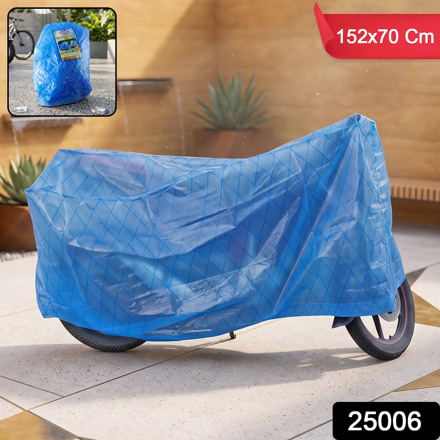 Medium waterproof two-wheeler cover by Wukusy, dust and rainproof, measuring 152x70 cm, protects motorcycle from weather elements.