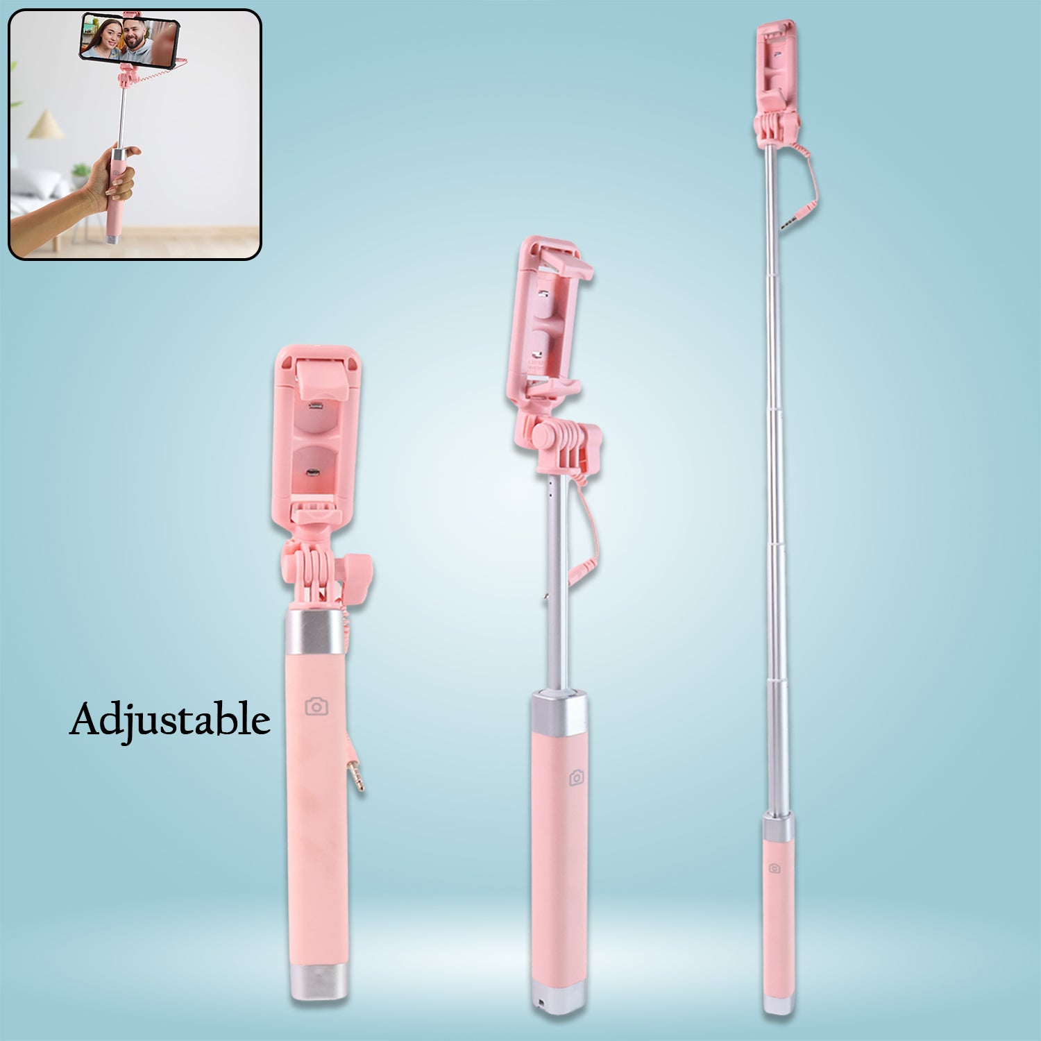 Wukusy wired travel selfie stick with rearview mirror and built-in shutter button, shown with smartphone attached for photos