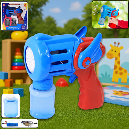 Wukusy rechargeable bubble gun toy for kids, colorful handheld device with bubble solution, in a set for outdoor play.