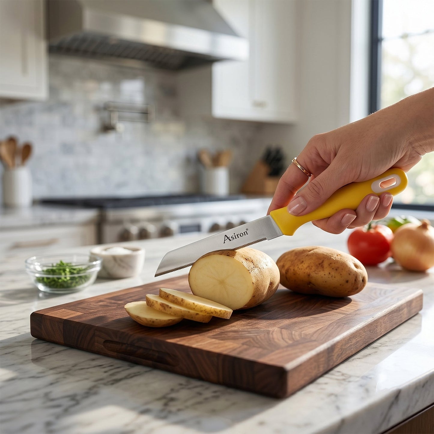 Wukusy 4-piece kitchen knife set with plastic handles and stainless steel peeler on a clean countertop.