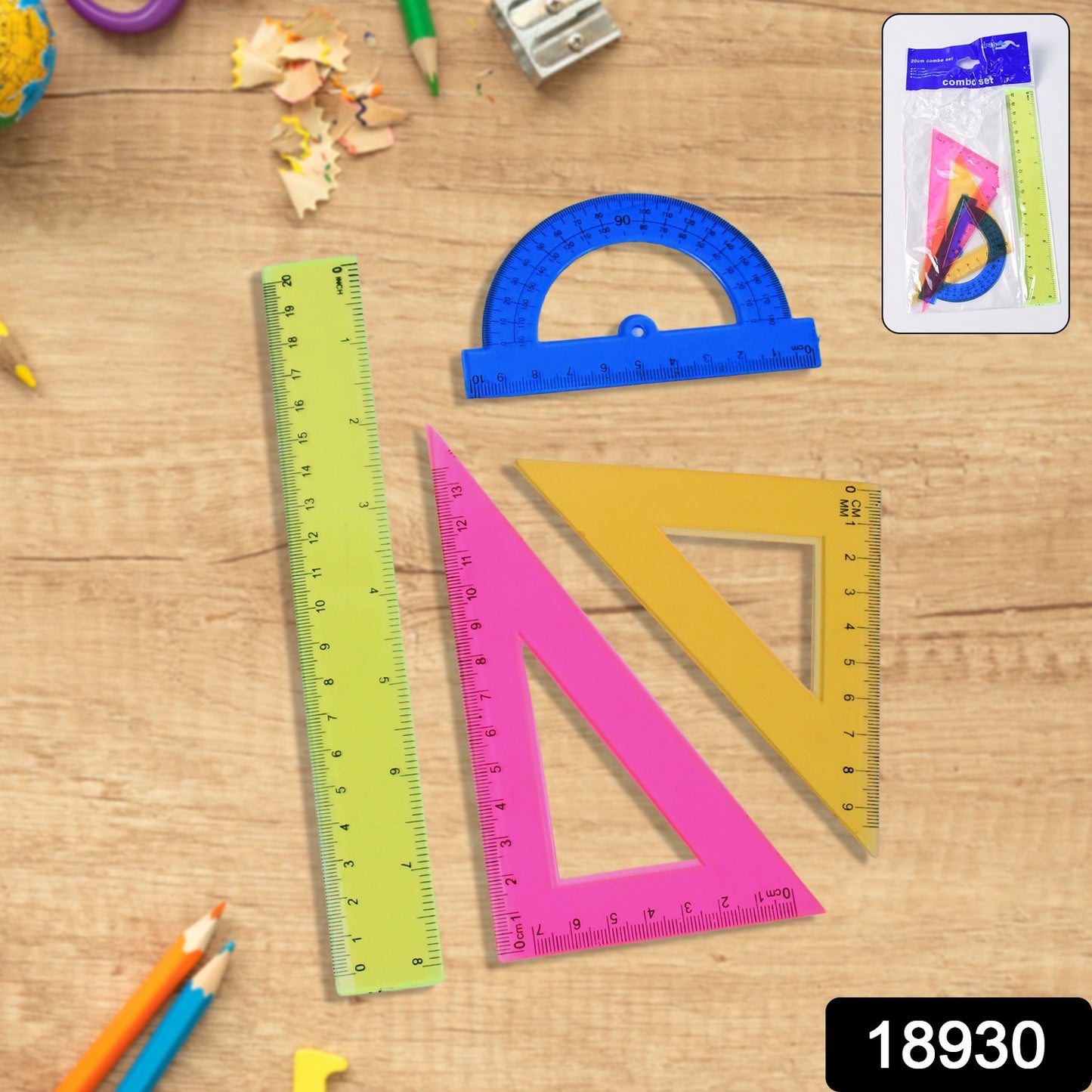 Wukusy 4-piece office geometry set with triangle ruler, protractor, and straight ruler for precise measurements and drawing.