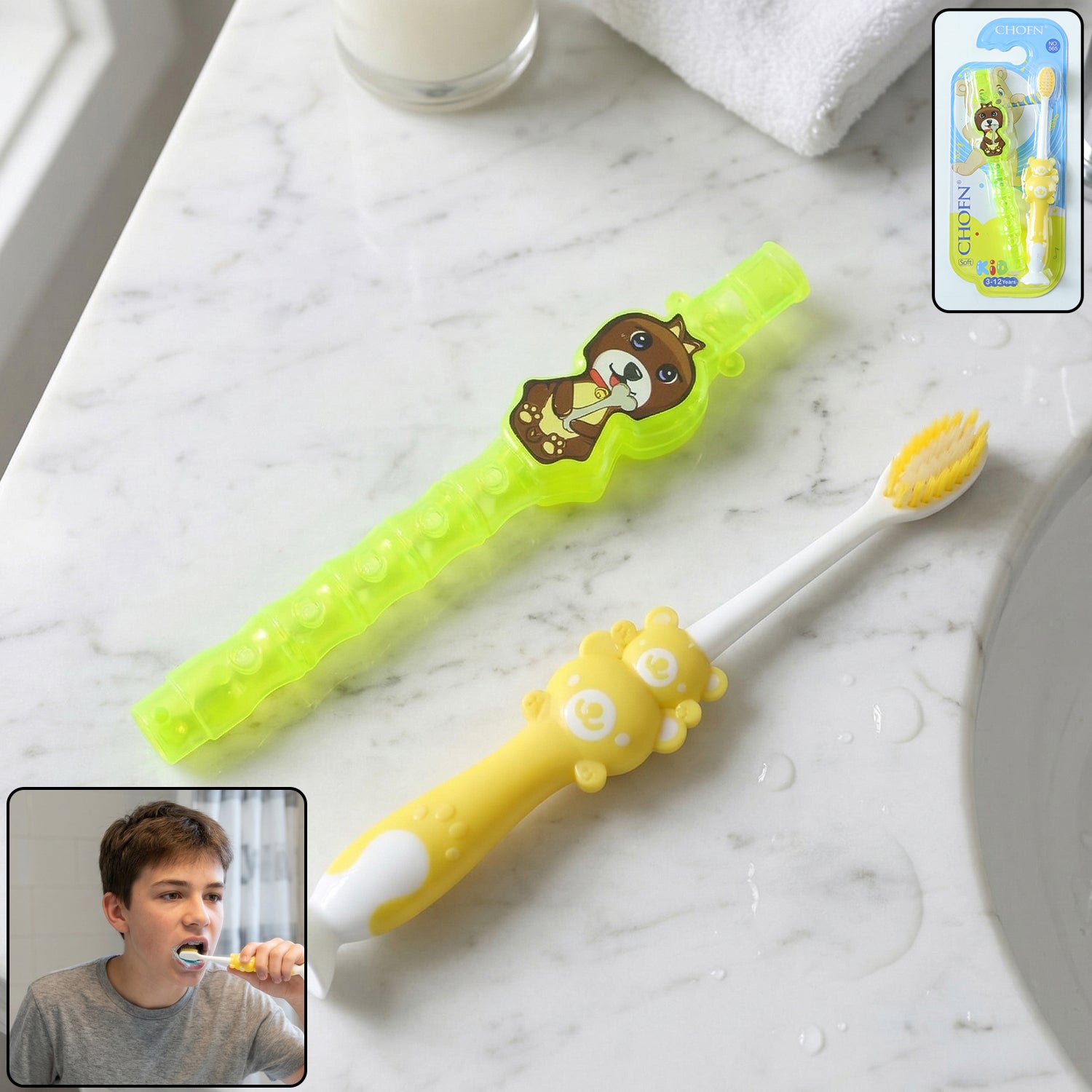 Kids Wukusy cartoon design toothbrush with musical whistle set, showing colorful handles and playful character details.