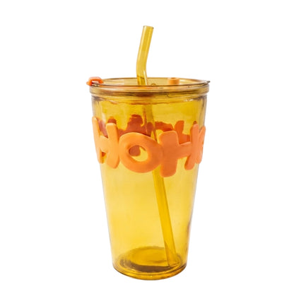 Clear glass tumbler with lid and straw, 450 ml capacity, by Wukusy, shown with transparent design and matching lid.