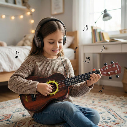 Wooden ukulele guitar for kids by Wukusy, featuring a classic design, suitable for beginners, shown in natural wood finish.
