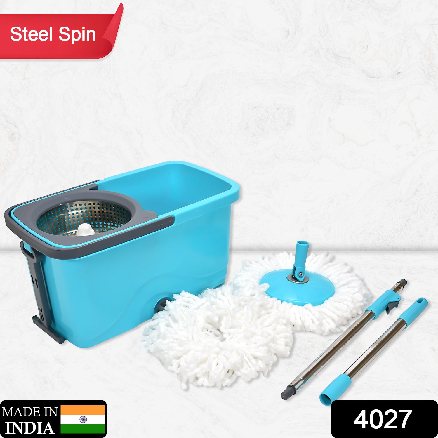 Wukusy Quick Spin Mop with plastic spin bucket, easy wheels, and large capacity for efficient floor cleaning.
