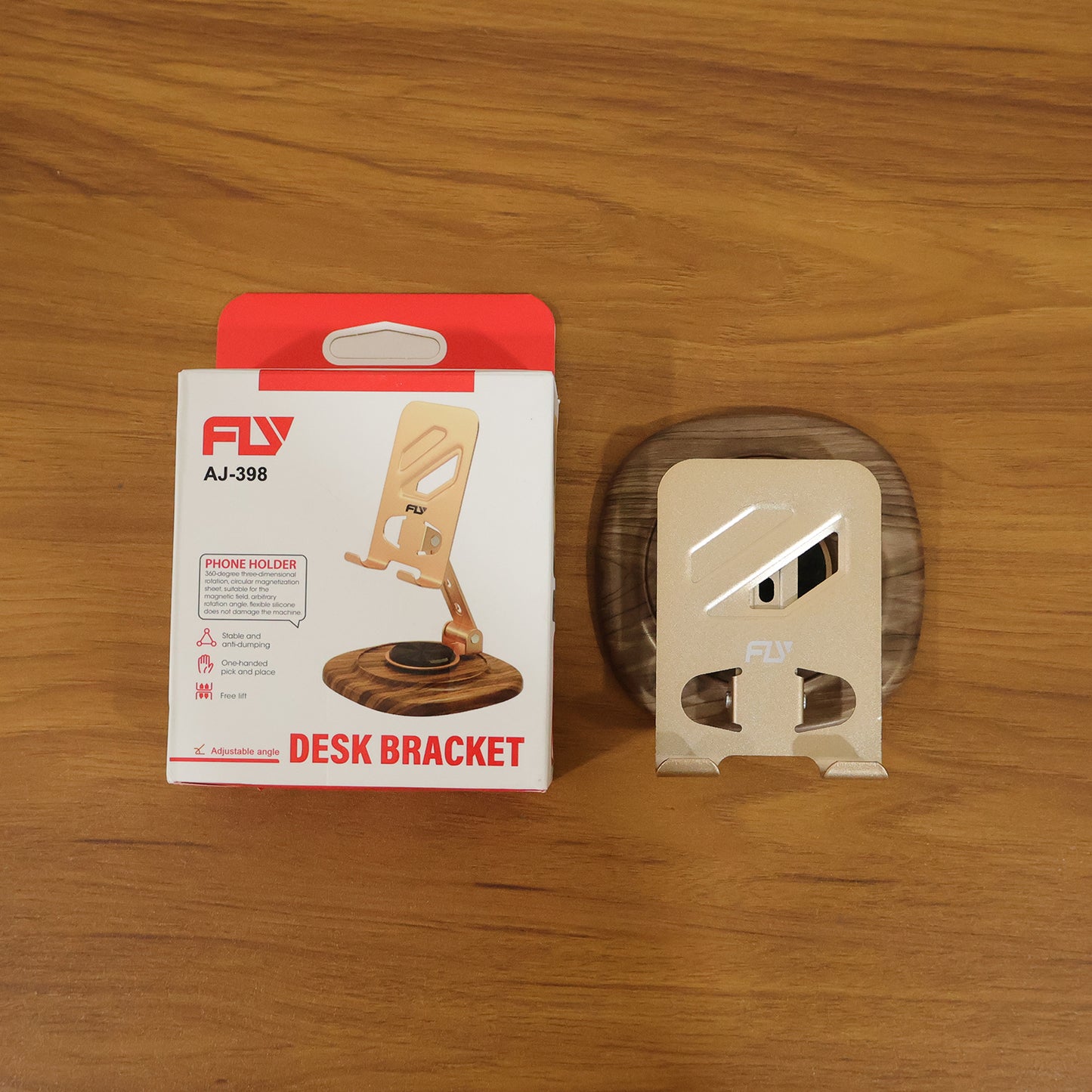 Wukusy adjustable metal desk phone stand with plastic base, holding a smartphone on a workspace surface.