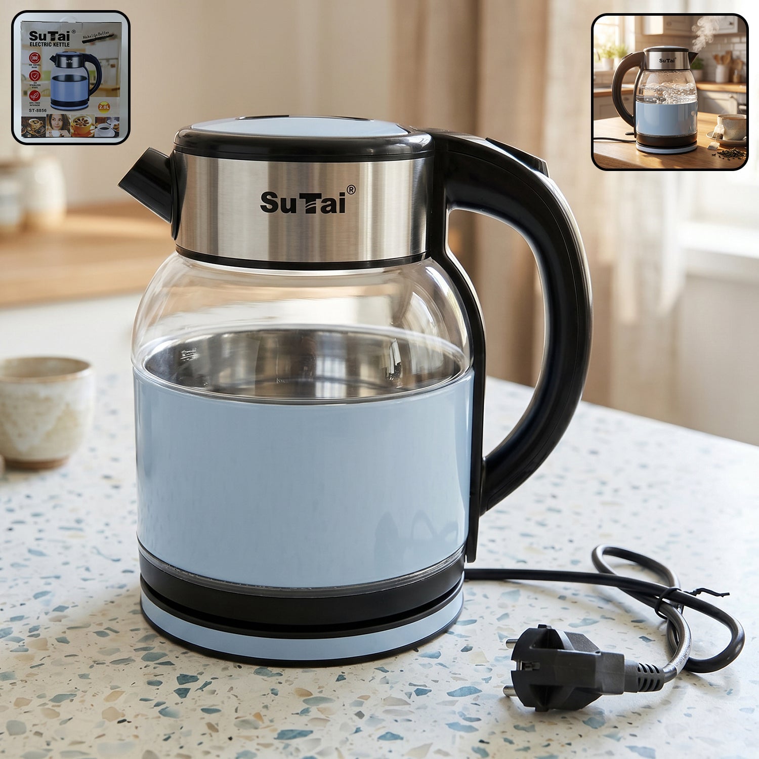 Wukusy Suta electric glass kettle with stainless steel lid and handle, 2-liter capacity for boiling hot water or tea.