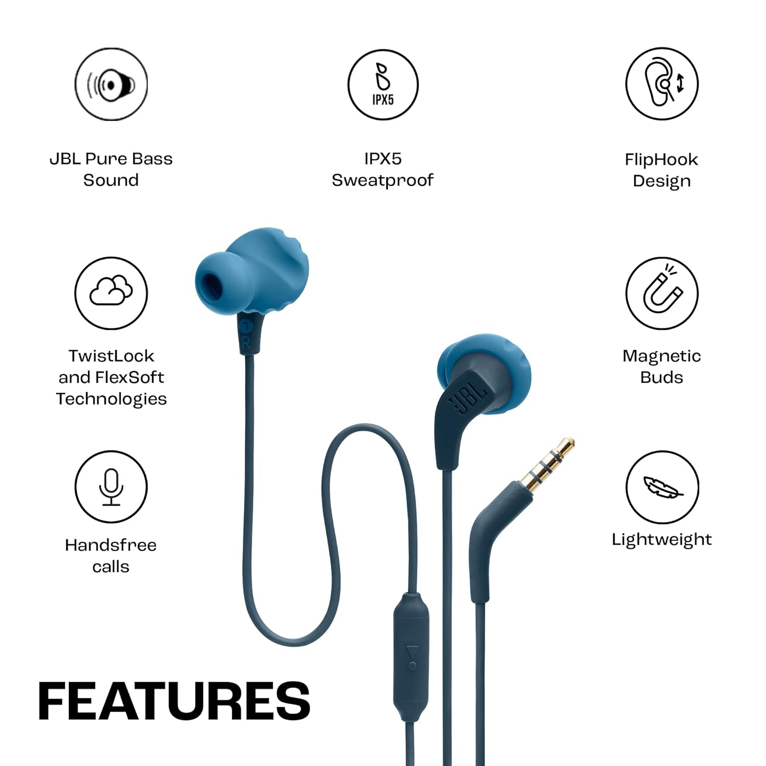 Blue JBL Endurance Run 2 wired earbuds with Fliphook and TwistLock, sweatproof IPX5, in-ear design with pure bass.