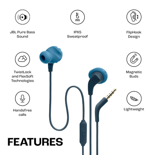 Blue JBL Endurance Run 2 wired earbuds with Fliphook and TwistLock, sweatproof IPX5, in-ear design with pure bass.