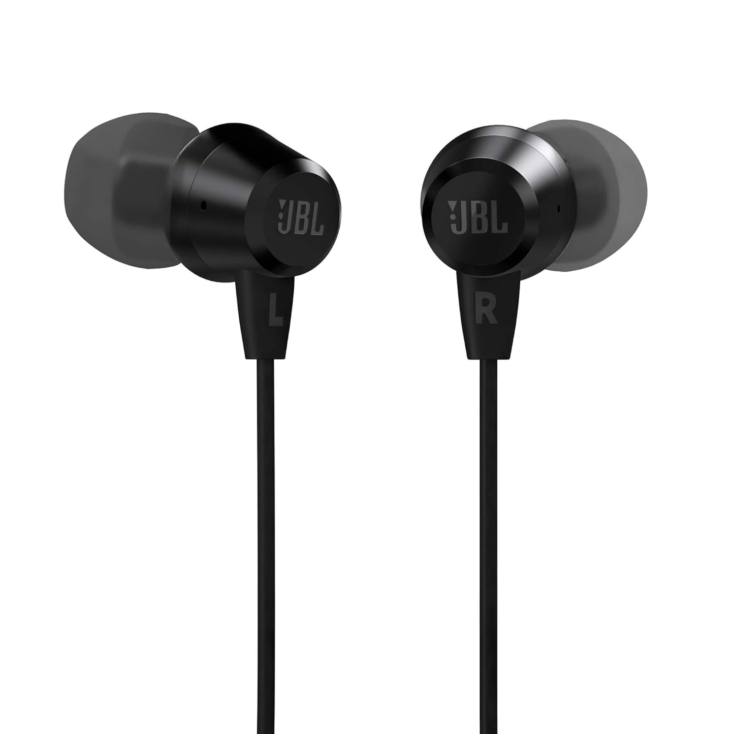 Black JBL C50HI wired earbuds in the ear, featuring a sleek design and in-line microphone for clear audio and calls.