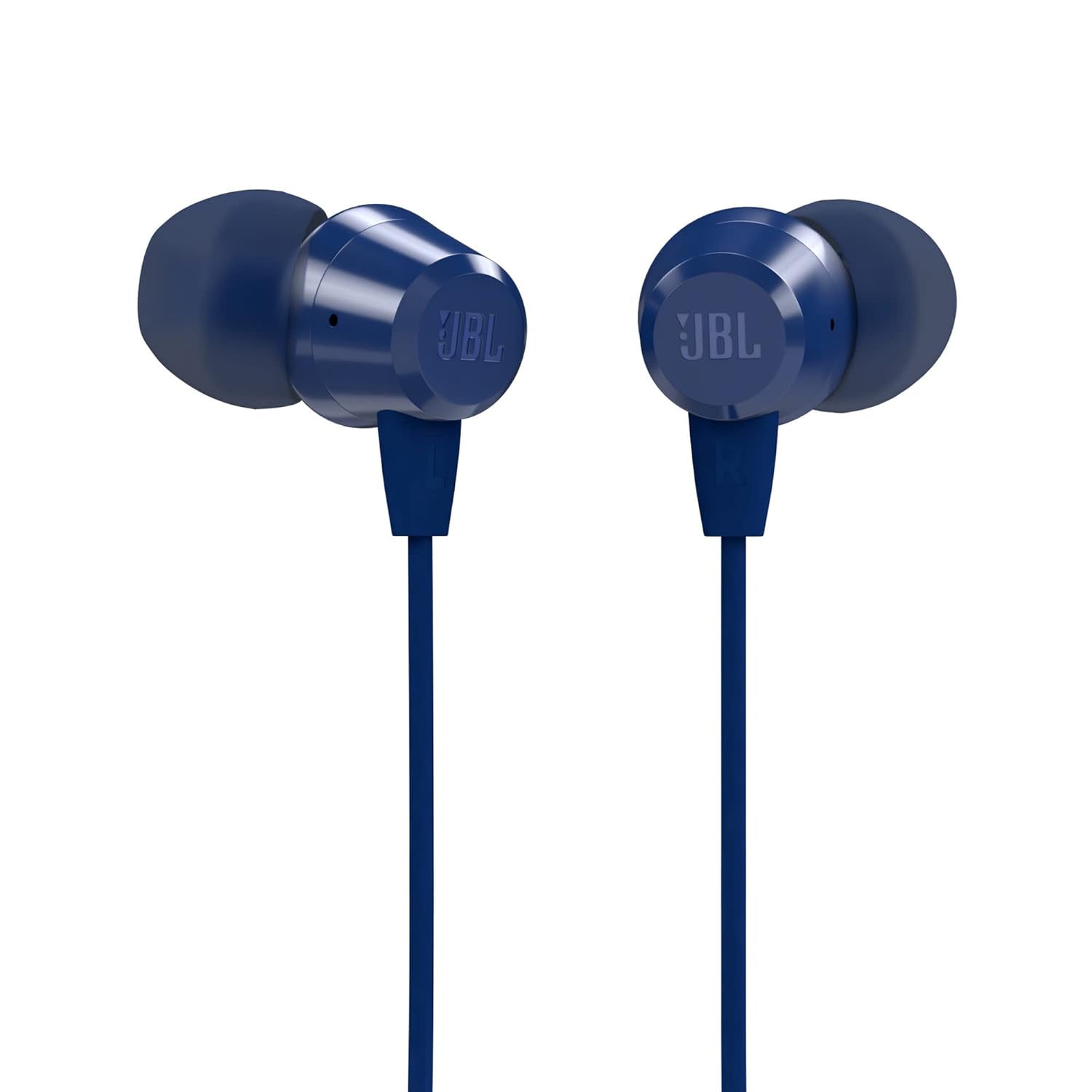 Blue JBL C50HI wired earbuds in-ear headphones by Seasons with sleek design and in-ear fit, perfect for daily listening.
