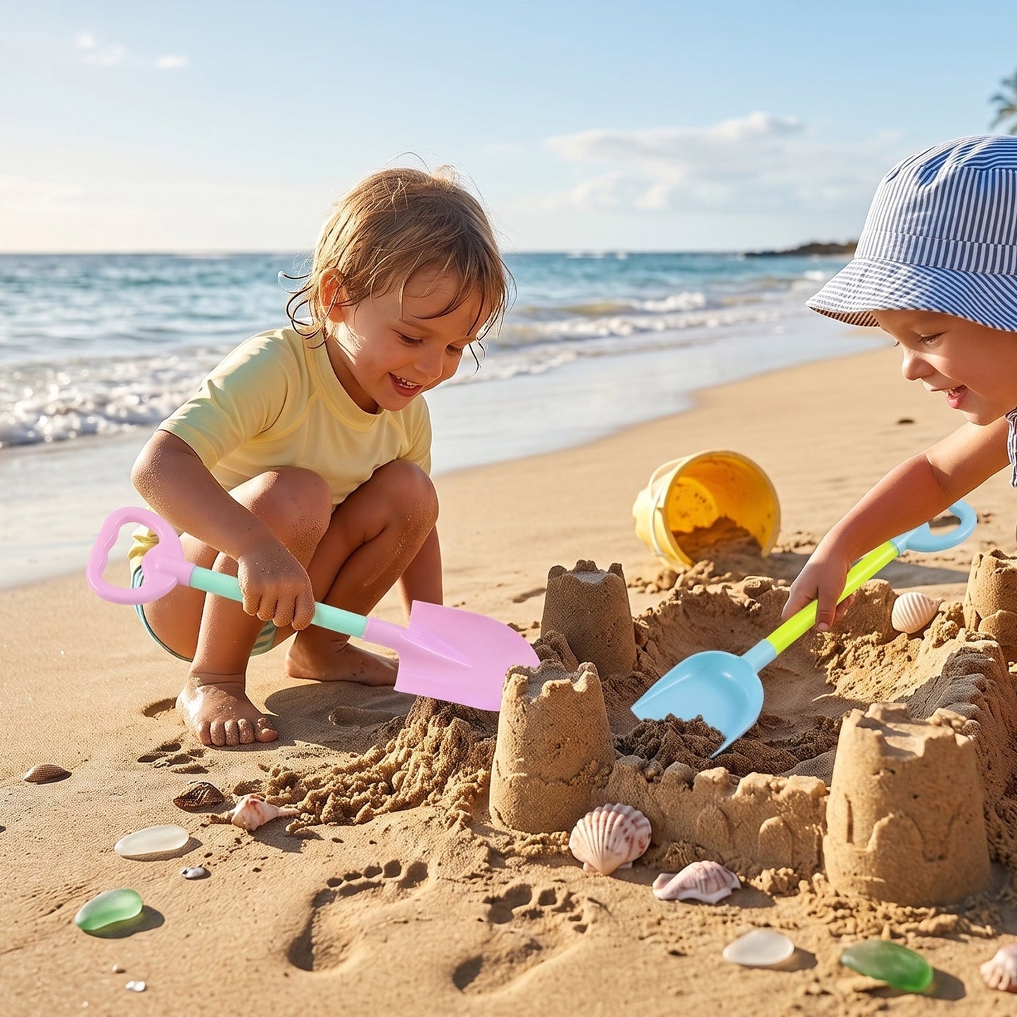 Wukusy kids beach sand shovel toy set with two plastic digging tools for sand play, ideal for children’s beach and sandbox fun.