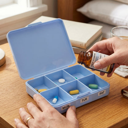Wukusy 6-compartment plastic pill organizer box for portable medicine storage with clear compartments and secure lid.