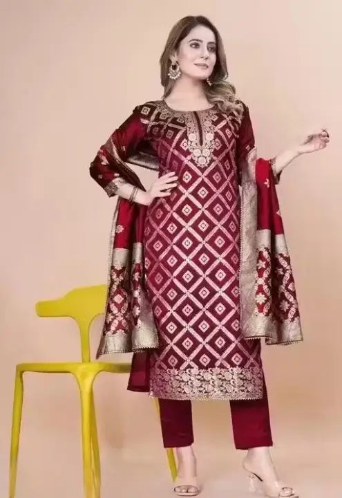 Beautiful women’s art silk salwar suit with zari woven design from Ekom’s exclusive party wear collection, unstitched set.