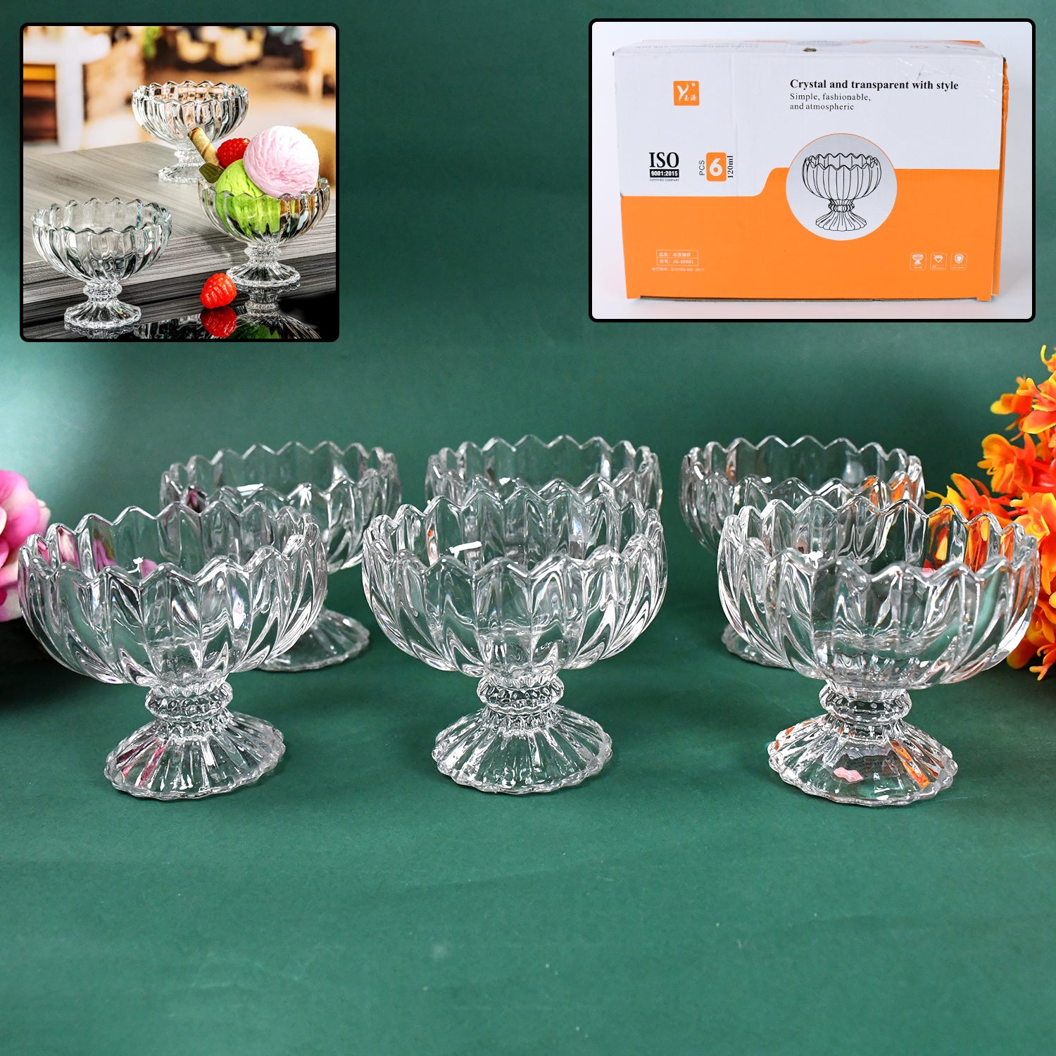 Set of six Wukusy glass ice cream bowls with clear dessert cups for sundaes and desserts, showcasing elegant and transparent design.