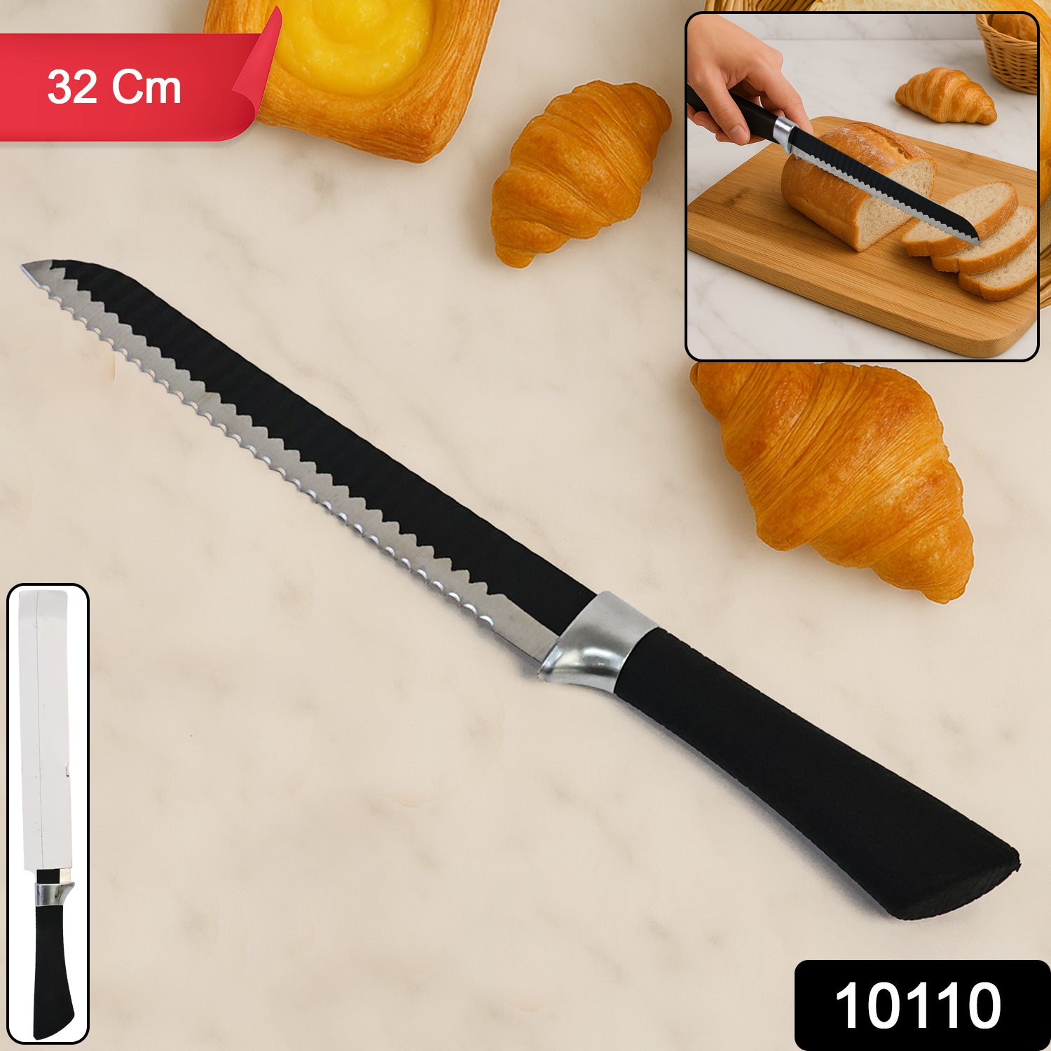 Wukusy 32cm serrated bread knife with ergonomic handle for easy slicing in home and kitchen.