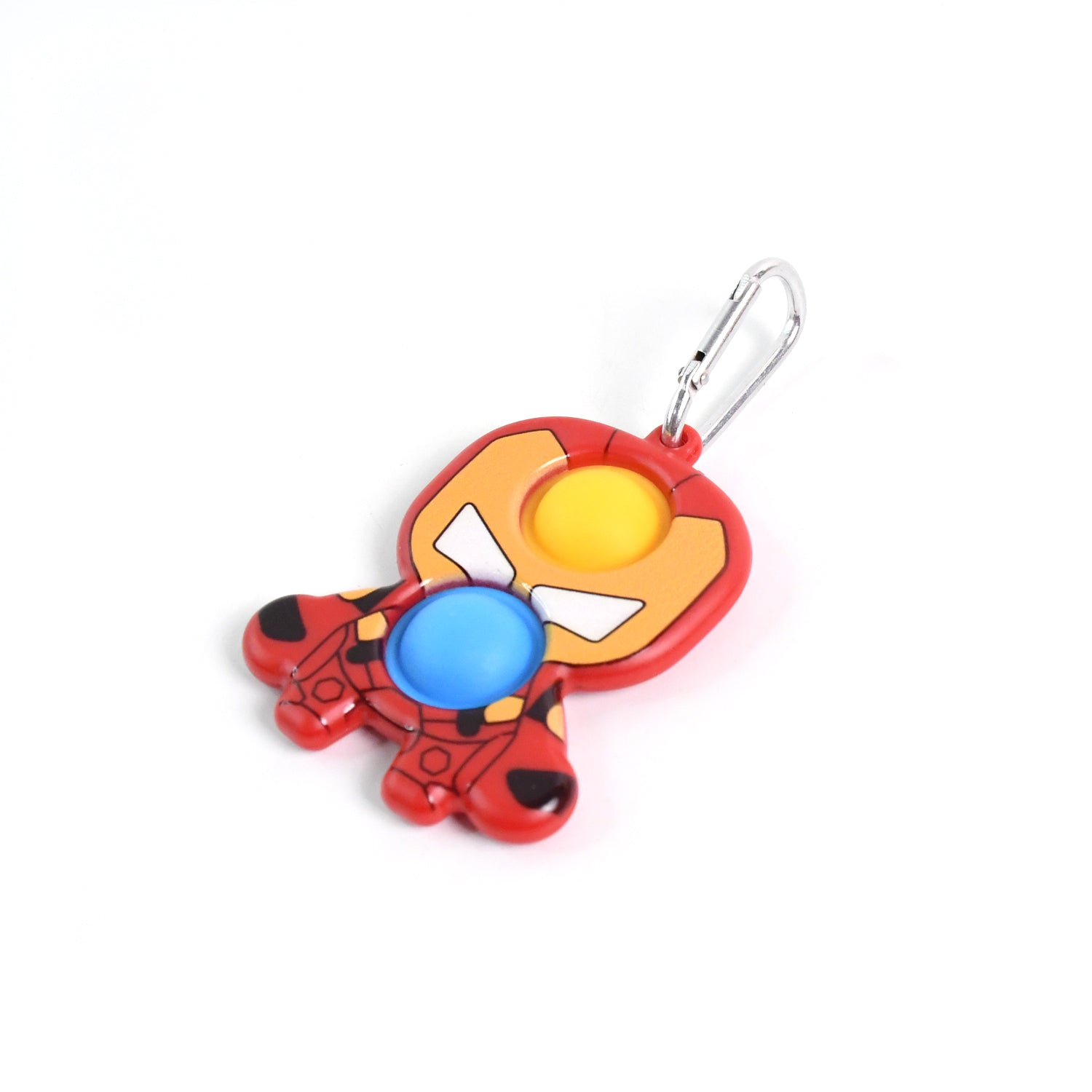 Wukusy Superhero Iron Man shape keychain pop it toy with colorful silicone bubbles on a keyring, themed after Iron Man superhero.