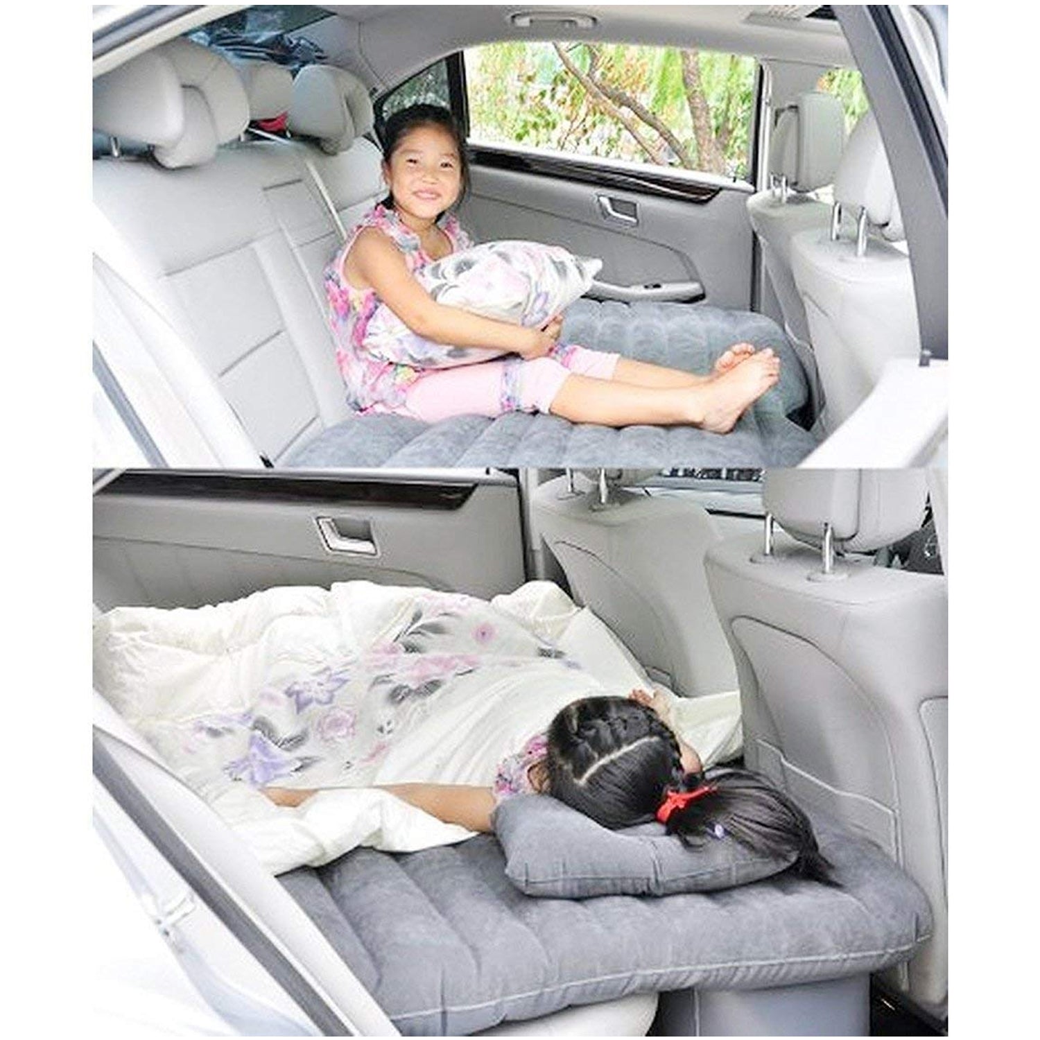 Wukusy 8043 car inflatable bed with two pillows and portable air pump, designed for travel and camping in the car back seat.