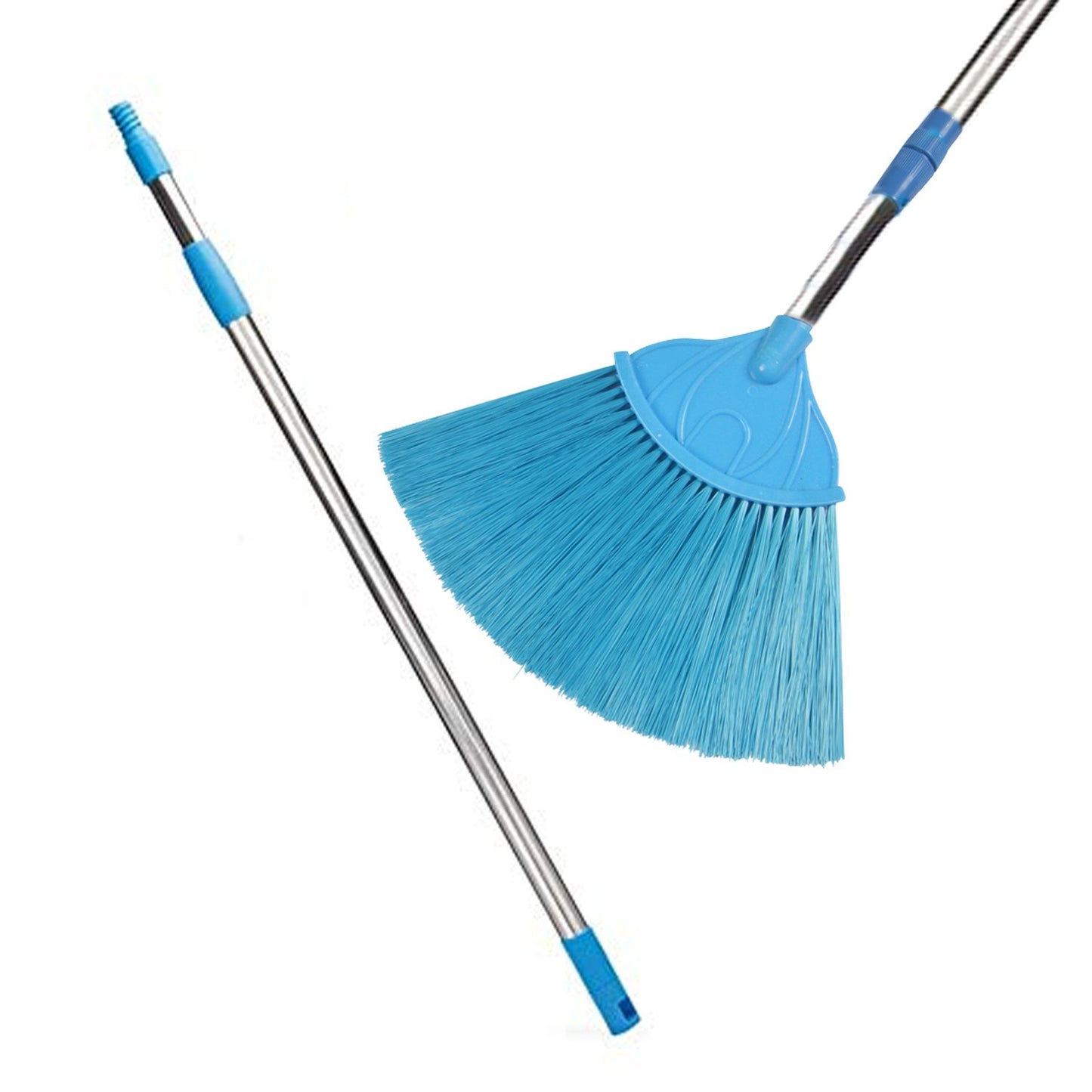Wukusy broom with long stainless steel handle and extendable cobweb cleaner stick for home cleaning tasks.