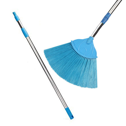 Wukusy broom with long stainless steel handle and extendable cobweb cleaner stick for home cleaning tasks.