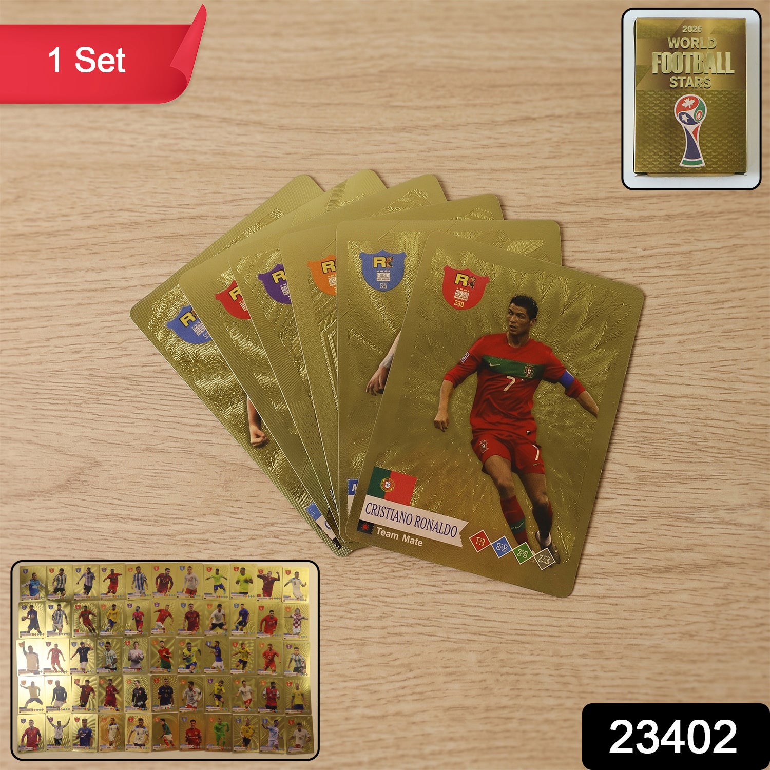 Wukusy World Football Stars trading card set featuring colorful football player cards with action shots and team logos.