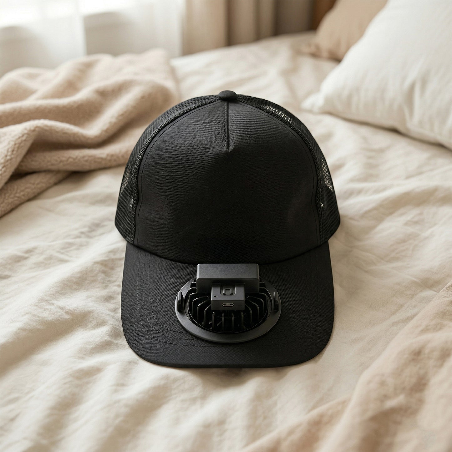 Wukusy portable USB rechargeable cooling cap with built-in mini fan, lightweight and comfortable for outdoor use.