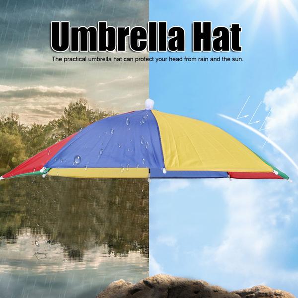 Wukusy hands-free umbrella hat shielding from sun and rain, with wide brim and adjustable straps for outdoor protection.