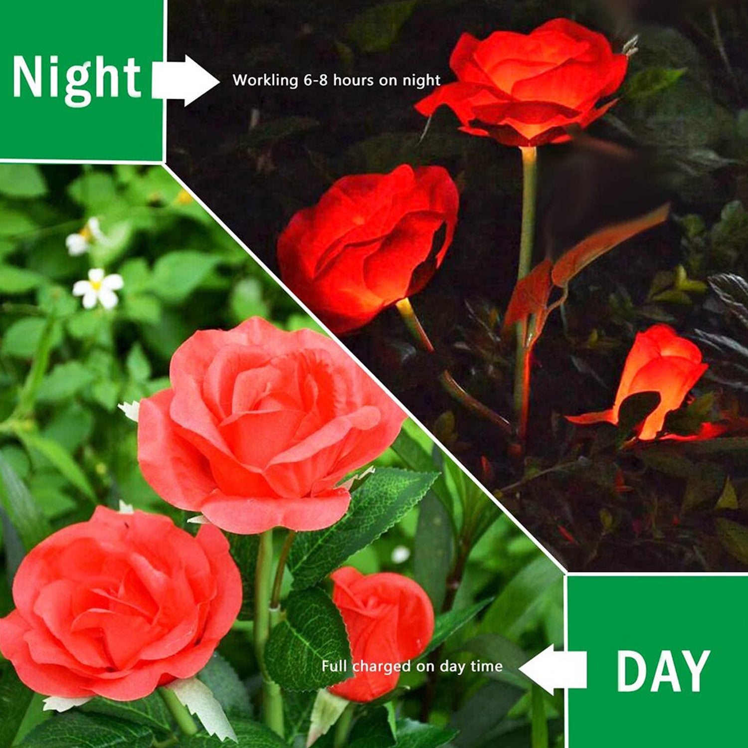 Wukusy 6616a garden solar outdoor rose-shaped decorative waterproof flower lights illuminating garden and patio pathways.