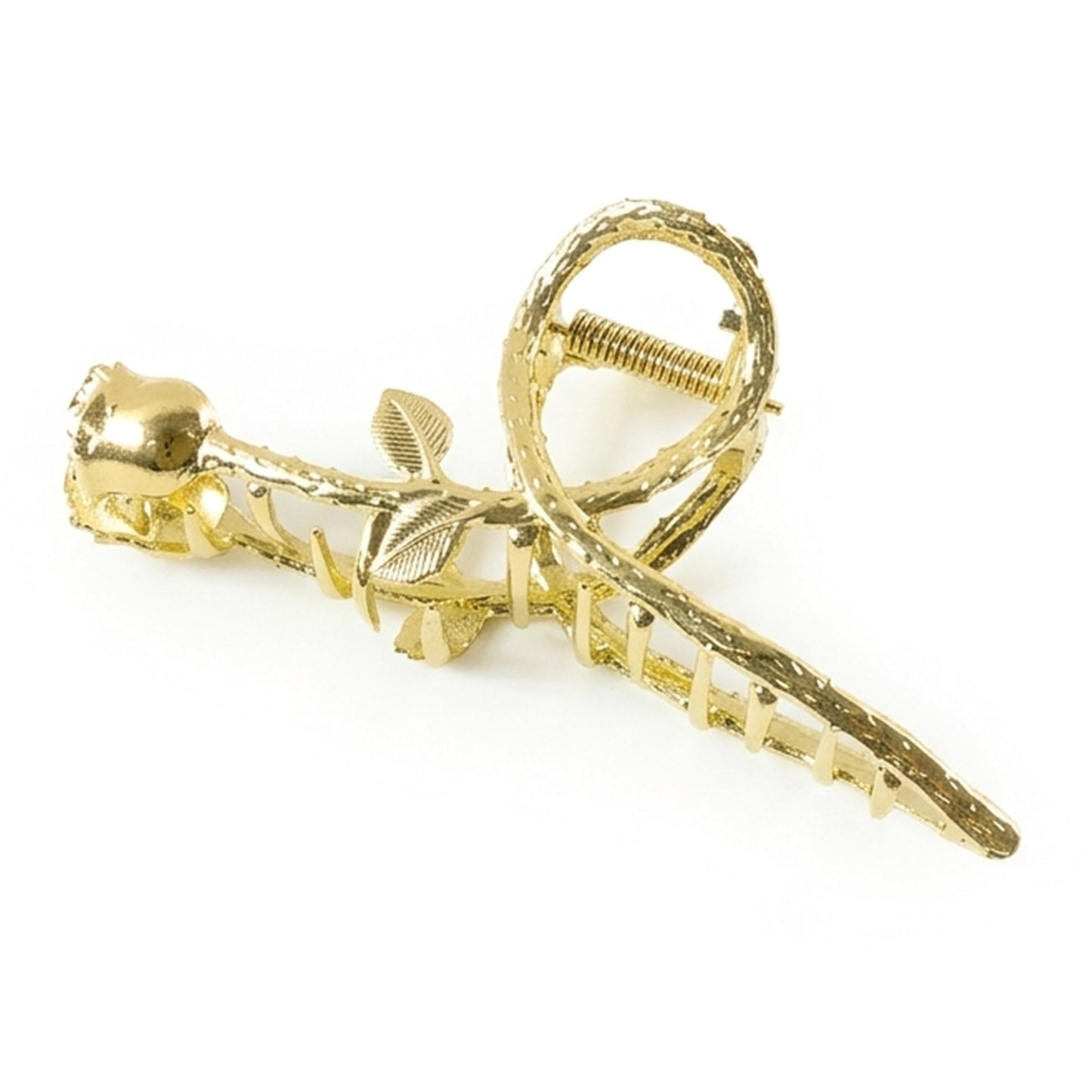 Gold rose design hair claw clip by Wukusy, elegant hair accessory with floral motif, holding hair securely in place.