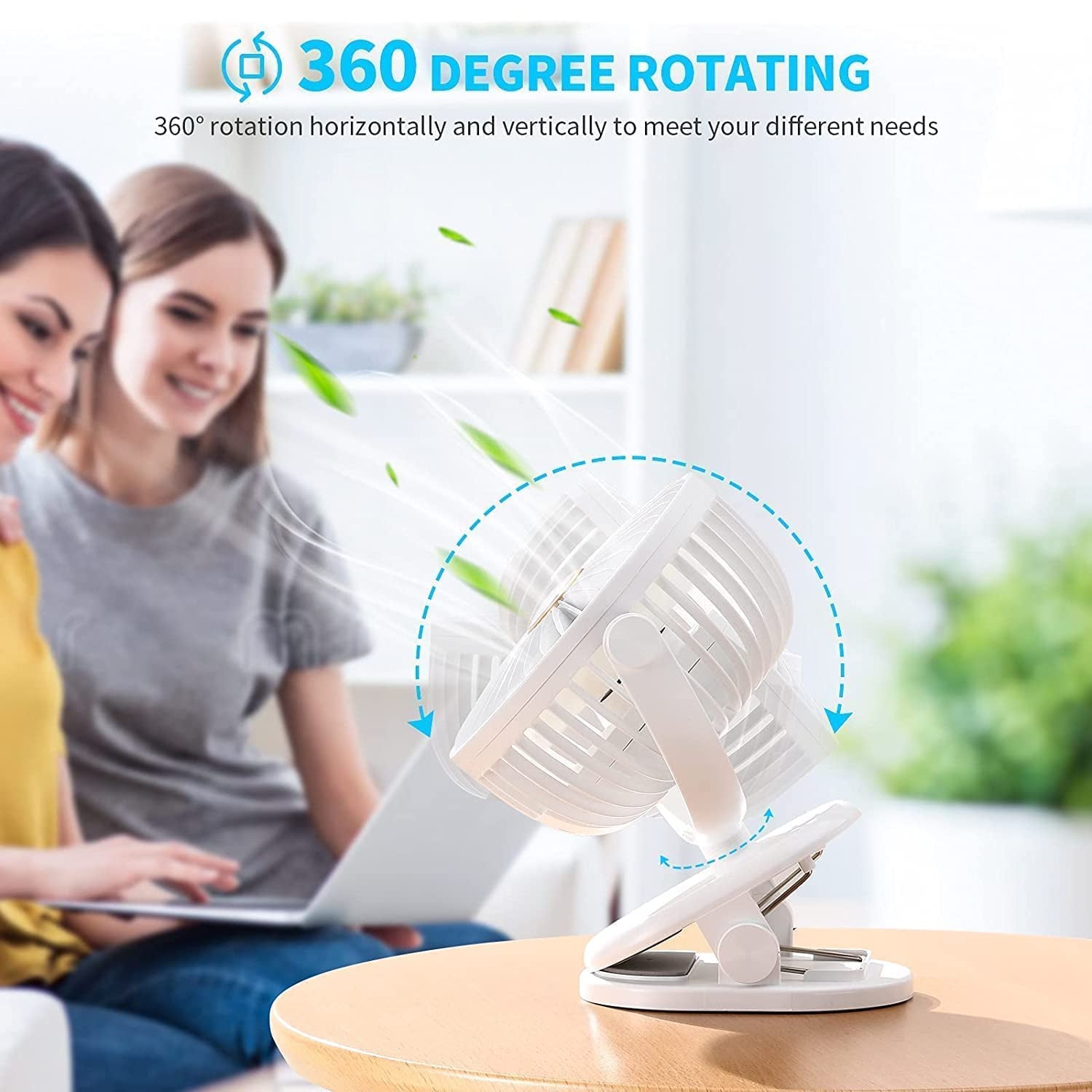 Wukusy portable clip-on mini desk fan with light, rechargeable battery, 3-speed settings, and 360° rotation for home and camping.