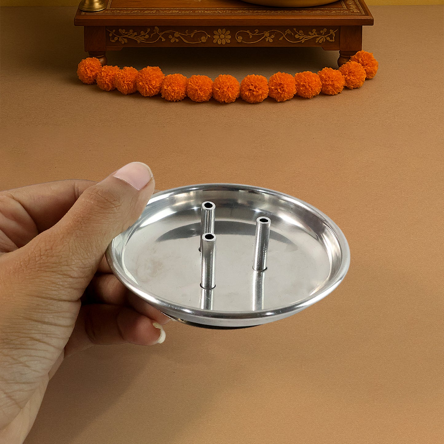 Stainless steel Lotus Agarbatti stand with triple stick holder by Wukusy, featuring a decorative lotus design and space for three incense sticks.