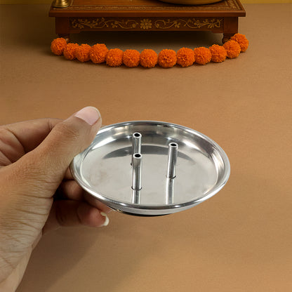 Stainless steel Lotus Agarbatti stand with triple stick holder by Wukusy, featuring a decorative lotus design and space for three incense sticks.