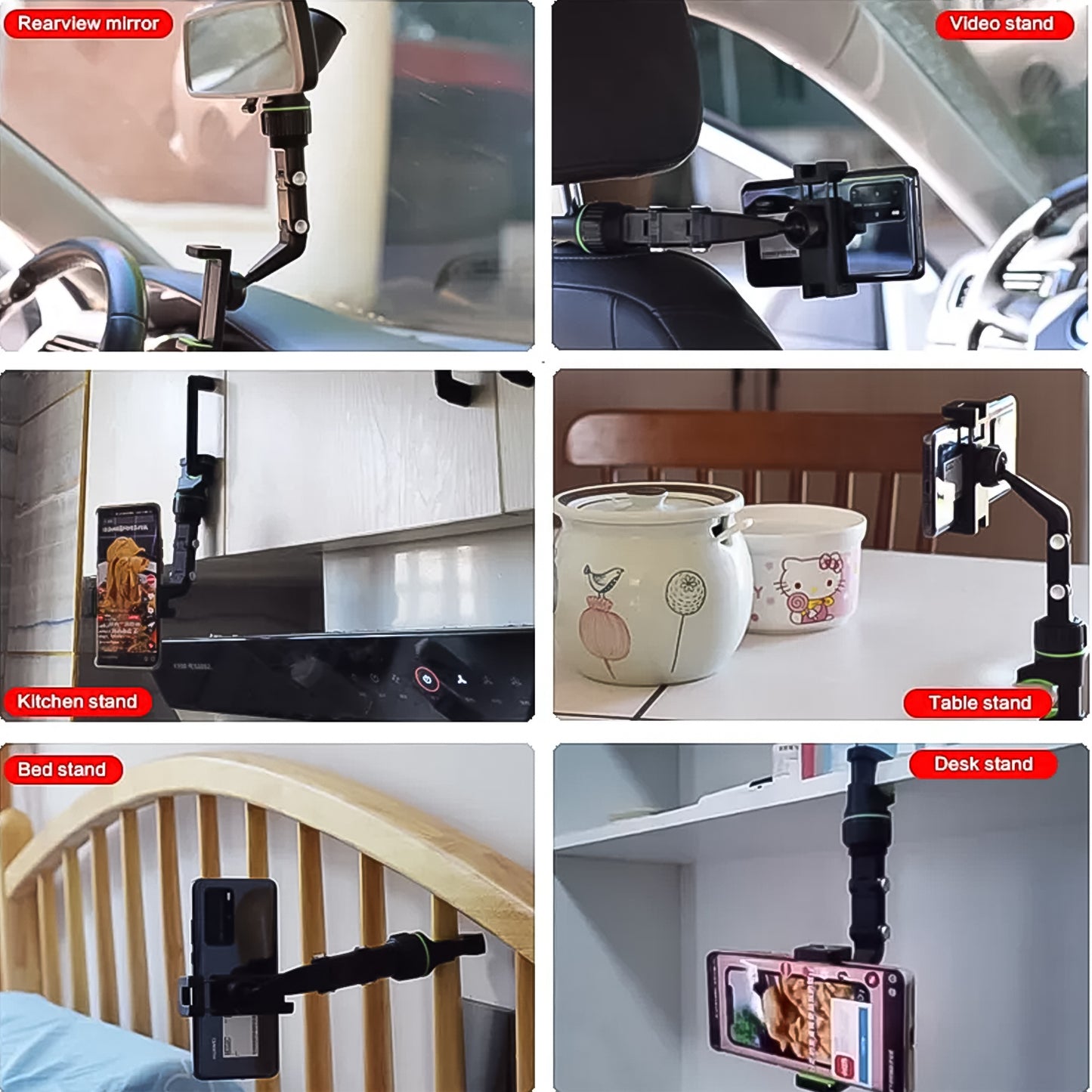 Wukusy multifunctional car rear view 360 rotatable mobile holder attached to car interior, holding a smartphone for hands-free use