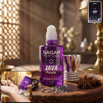 Wukusy Sagar Java Purple alcohol-free roll-on perfume oil for men and women, 9.9ml, featuring a purple packaging design