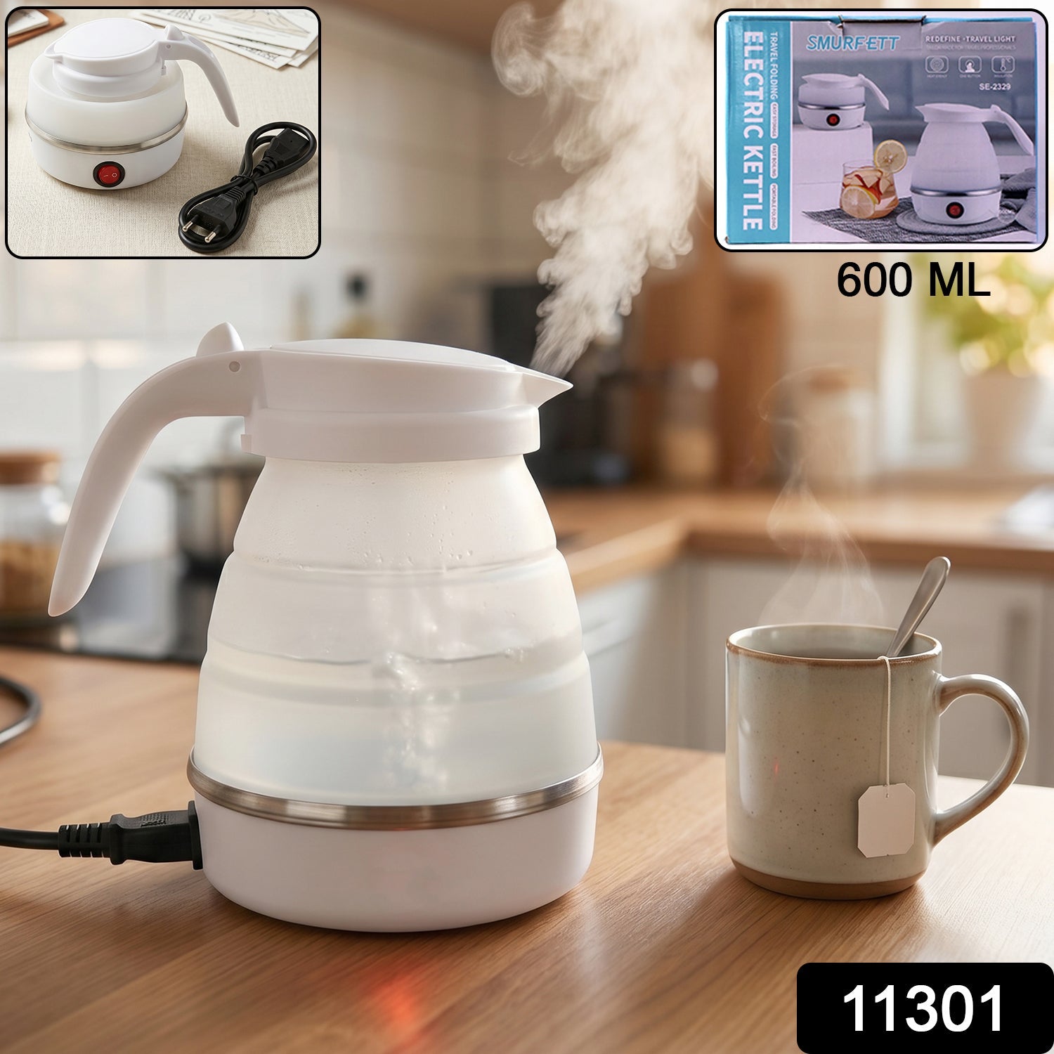 Wukusy collapsible travel electric kettle 600ml foldable silicone water boiler, compact and portable for easy travel use.