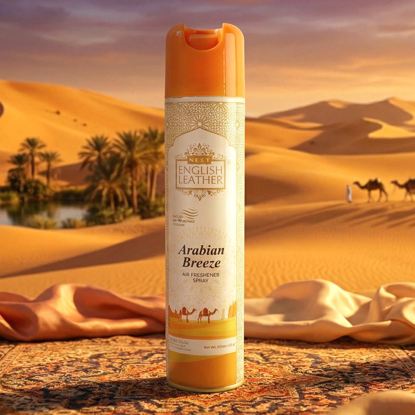 Next Premium English Leather Arabian Breeze air freshener spray by Wukusy, showing the 220 ml bottle with leather-inspired design.