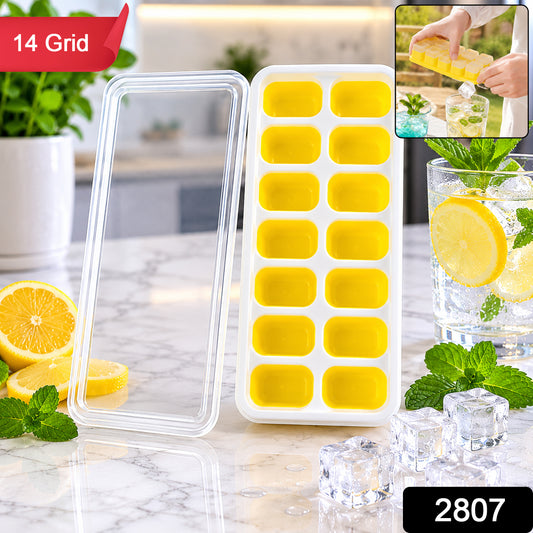 Wukusy 14-cavity ice cube tray with lid, easy release silicone mold for fridge freezer, producing clear ice cubes.